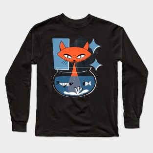 Atomic Cat with Fish Bowl Mid Century Modern Style Long Sleeve T-Shirt